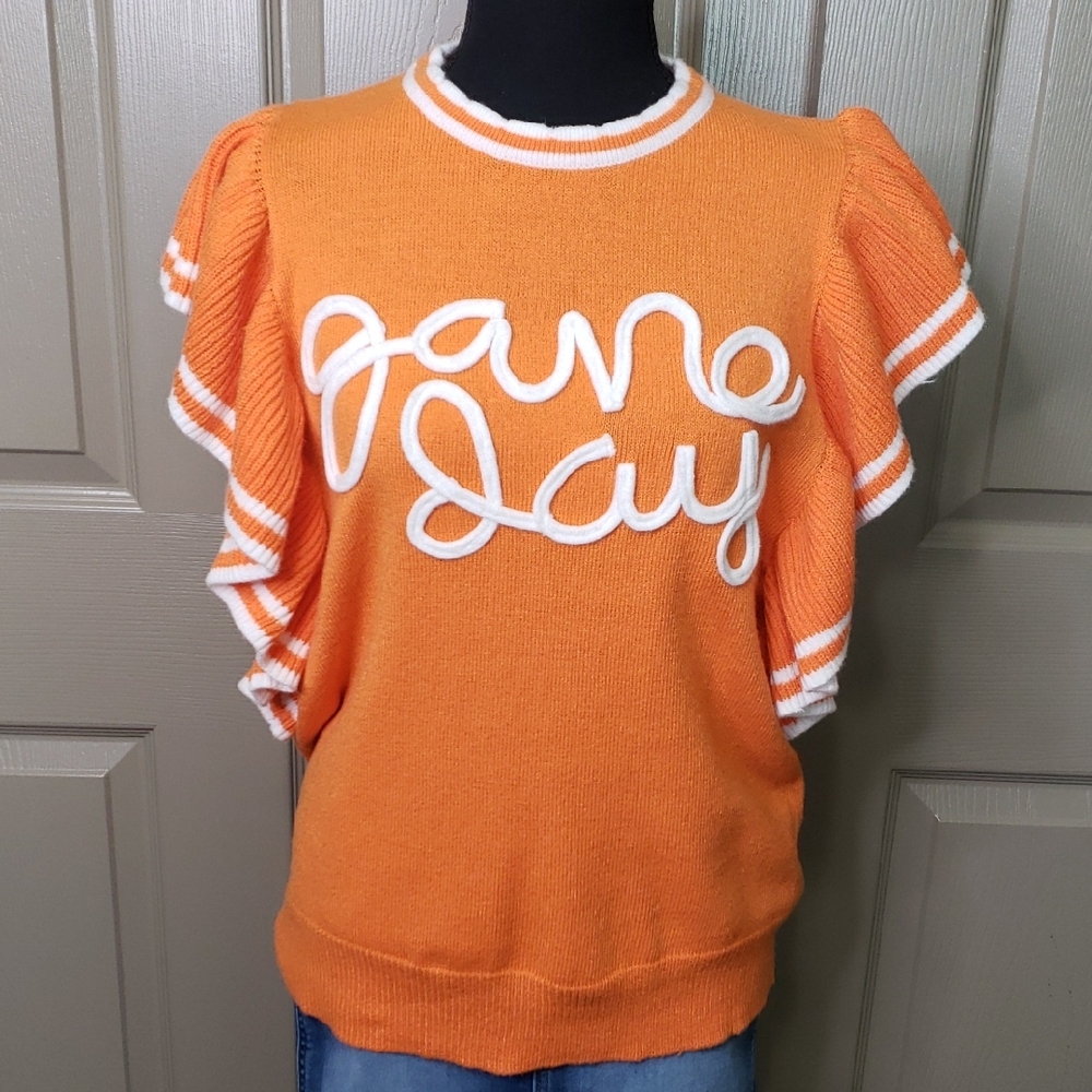 NWOT Sewn+ Seen Orange 'Game Day' Knit Ruffle Sleeve Sweater
